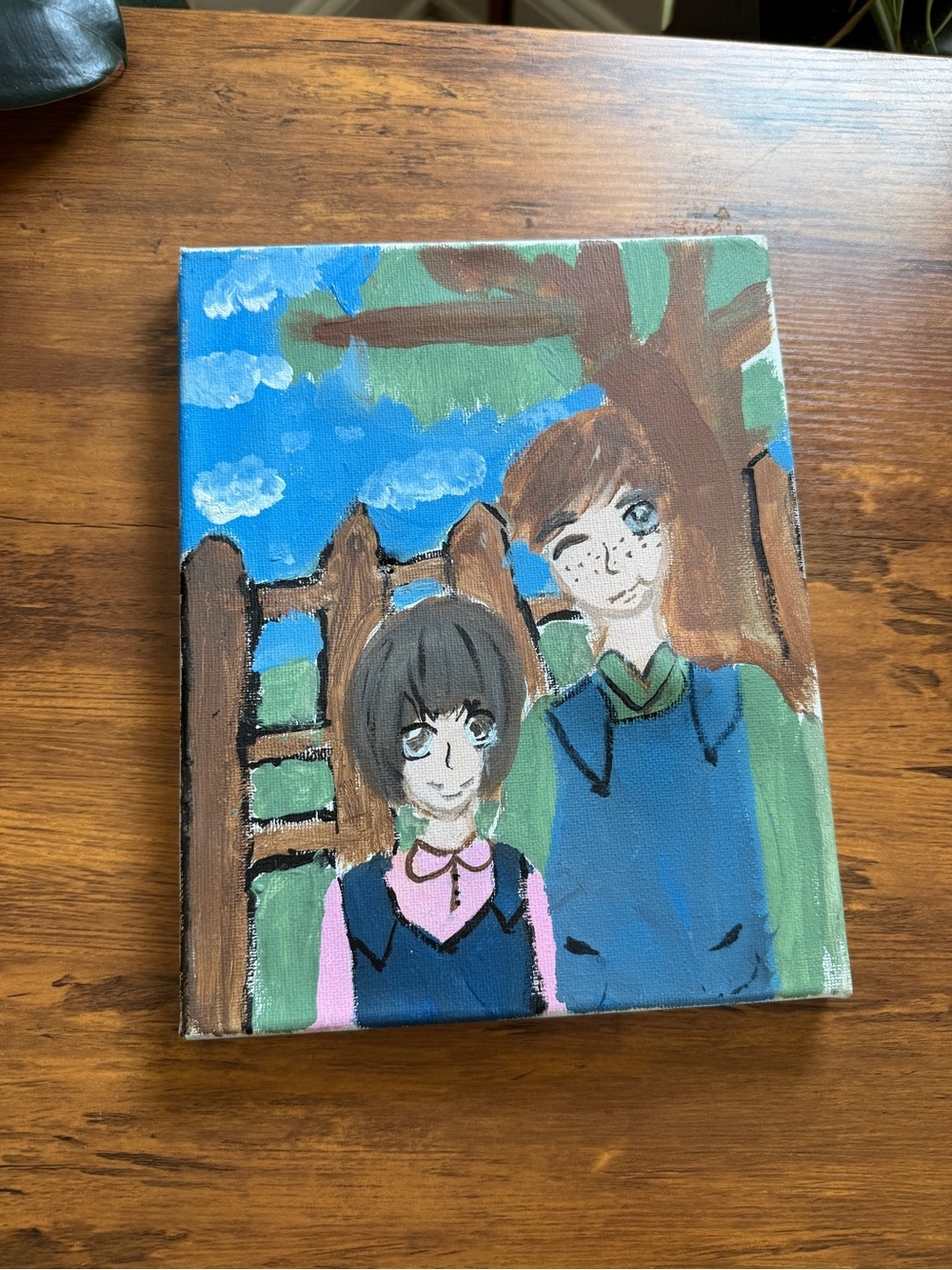 Hand painted canvas portrait featuring two main characters Haunted Hotel